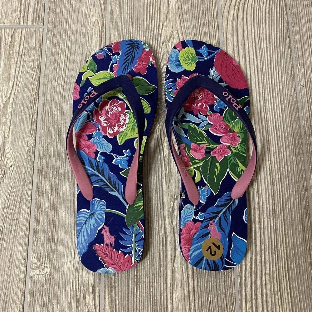 Polo Ralph Lauren Bolt Floral Flip Flip Sandals Men’s 11-12 12D Blue Pink New